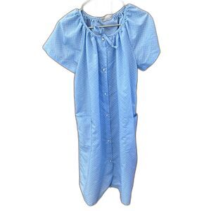 Hedy Lin Casual Dress Robe Women L Blue Vintage House Polka dots Pockets Snap